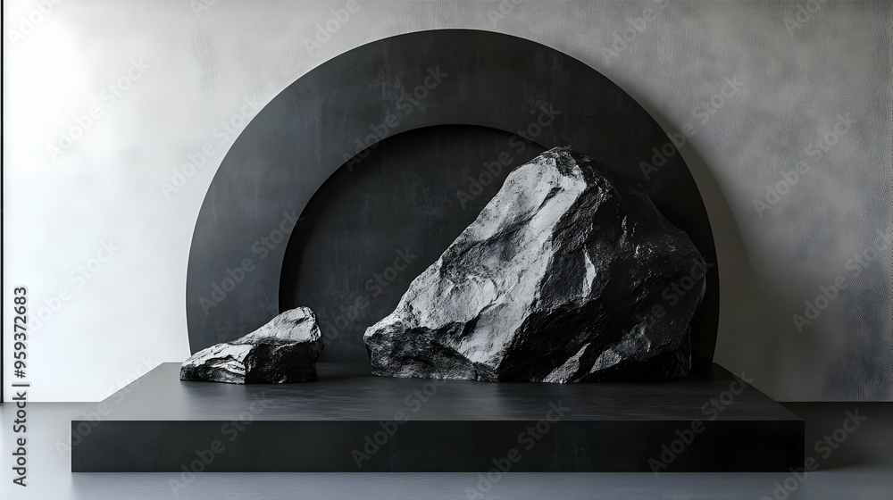 Poster two rocks on a black platform with a black circular shape behind them.