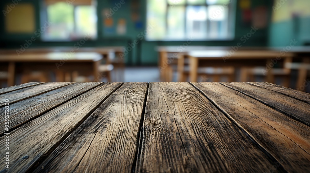 Aufkleber Empty wood table top with blur background of classroom in school The table giving copy space for placing advertising product on the table along with beautiful classroom in school backg : Generative AI