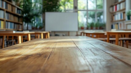 Cropped shot of wooden table with books stationery and copy space in blurred study roomEmpty classroom or presentation room interior with desks chairs and whiteboard : Generative AI