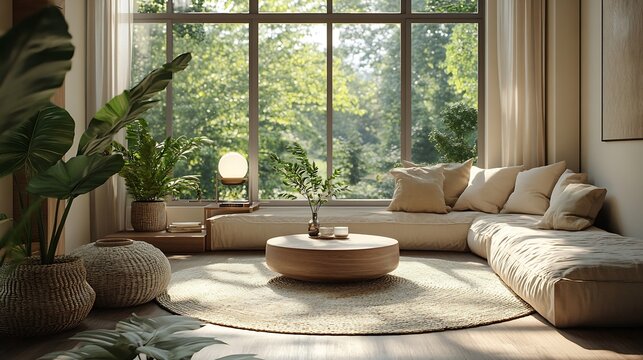 Open space interior with modular sofa wooden coffee table big window beige rug round pillow stylish table lamp plants vase with leaves and personal accessories Home decor Template : Generative AI