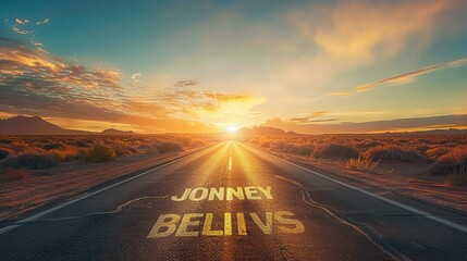 The Open Road Through a Desert at Sunset with "JOURNEY BEGINS" Written Across the Path: Symbolizing New Adventures and the Start of a Quest
