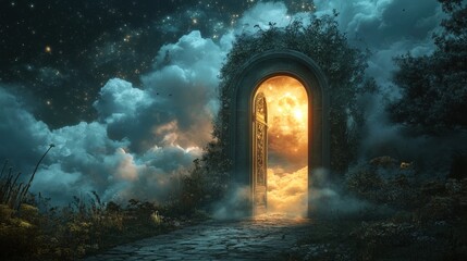 A stone archway opens to a glowing moon in the clouds, surrounded by foliage and a stone path.