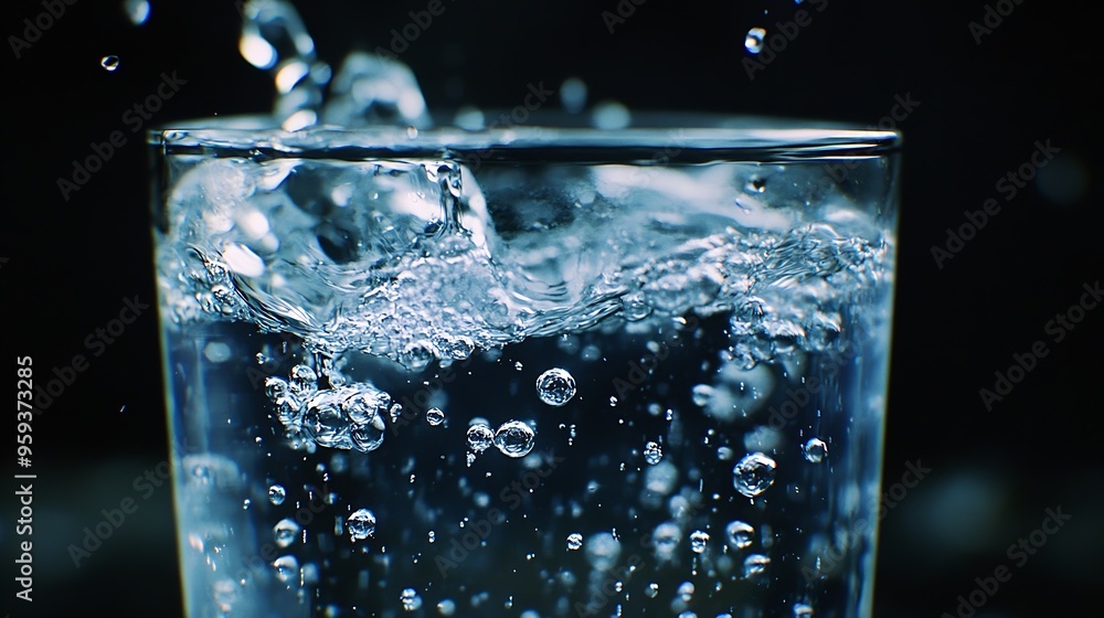 Aufkleber Drink clean water in a glass and the bubbles look like splashes and waves : Generative AI