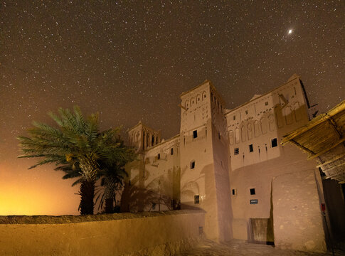 Morocco, Ouarzazate Province. Ait Ben Haddou, a UNESCO World Heritage Site. Stars.