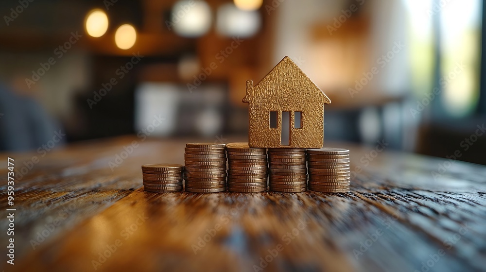 Poster wood house and row of coin money on wood table and selective focus planning to buy property choose w