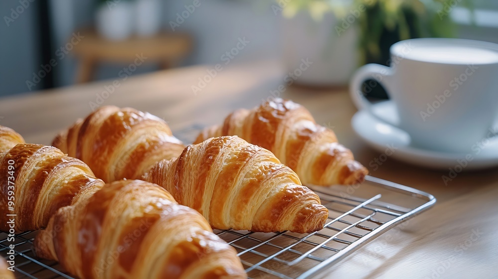 Poster breakfast view a bunch of croissant on a cooling rack and a cup of coffee cozy home cafe vibe with w