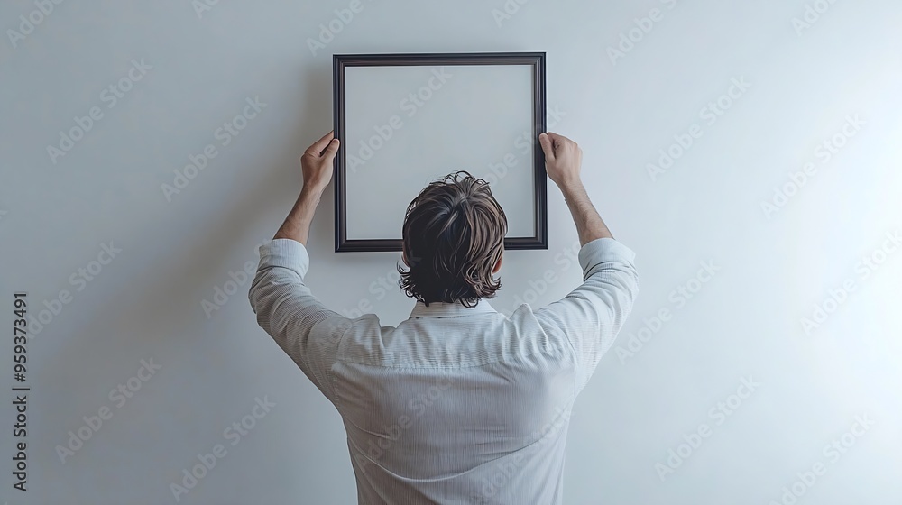 Poster man hanging picture frame on white wall at home : generative ai