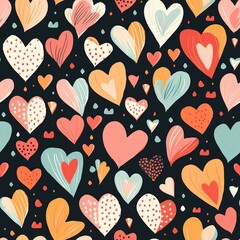 Fototapeta premium Multicolored hearts hand-drawn on a dark background. Design of Valentine hearts on the wrapper, layout, cover, background.