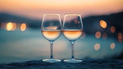 Two empty wine glasses on evening sea background : Generative AI