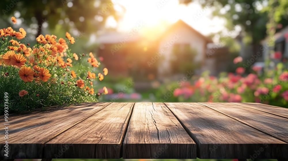 Leinwandbilder select tive focusempty wood table top on blur abstract garden flower with cozy house backgroundfor m