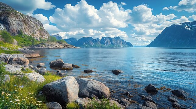 View of the fjord Rocky sea shore with blue cloudy sky Beautiful nature Norway Arctic bay Mageroya island Nordkapp Arctic ocean Horizontal banner : Generative AI