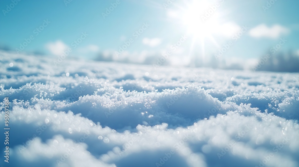 Poster white snow in sun light on light blue frosty sky bright winter backdrop background with empty snowy 