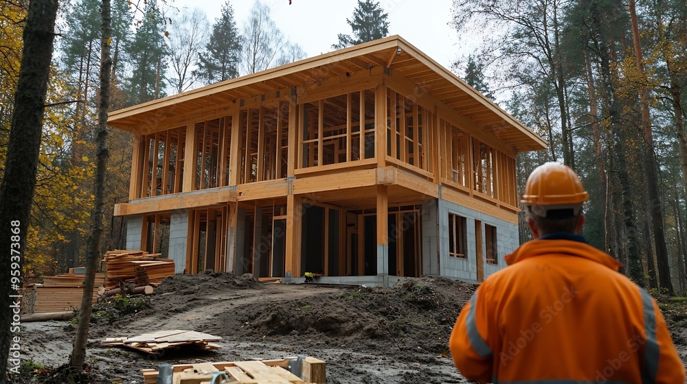 Poster worker building wooden twostory house near the forest man in work clothes and hard hat reviewing the
