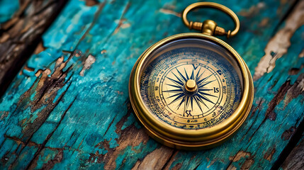 Vintage compass on weathered blue wood, perfect for nautical or travel themes.