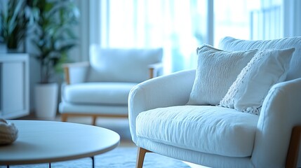 Obraz premium Blurred view of living room interior with white sofa armchair and coffee table : Generative AI