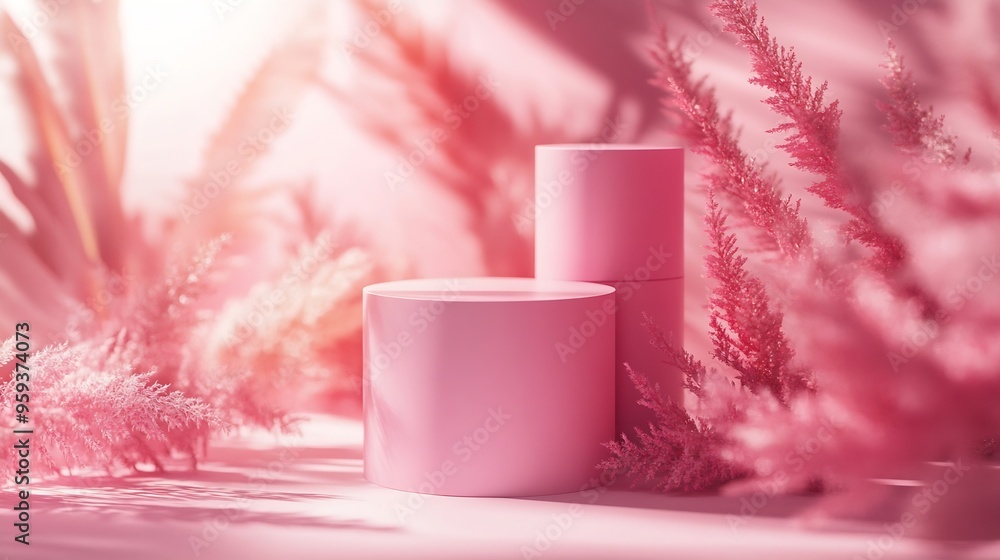 Poster cylindrical stand podium for displaying cosmetics and product on abstract background in pink pastel colors : Generative AI