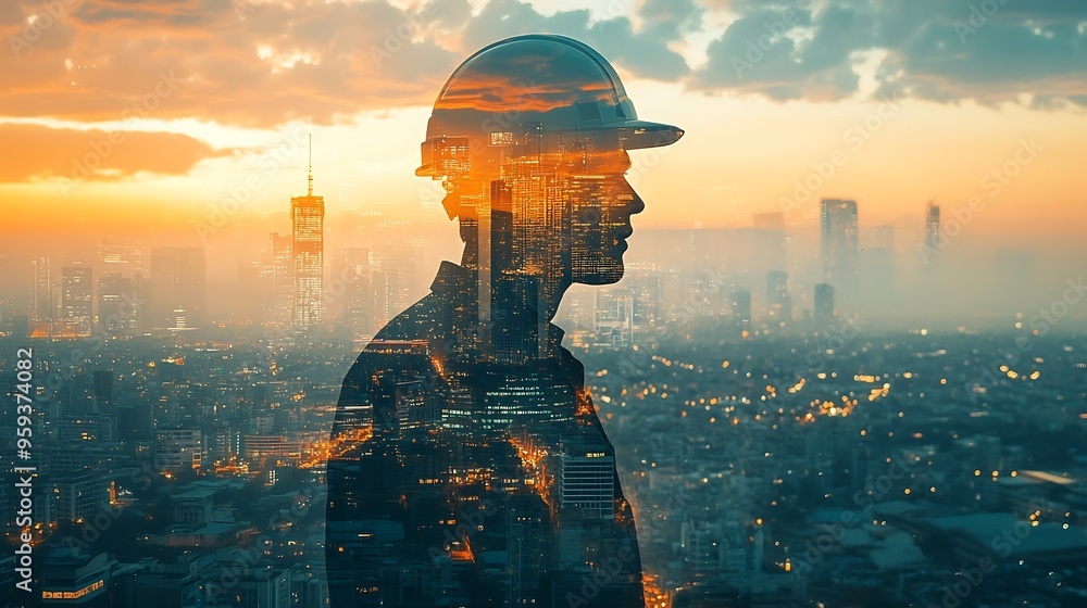 Aufkleber The double exposure image of the engineer thinking overlays with cityscape image with copy space The concept of engineering construction futuristic and industry : Generative AI