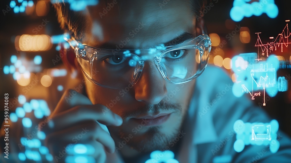Poster scientist man thinking and writing on glass formula and study for chemical compound engineer or idea