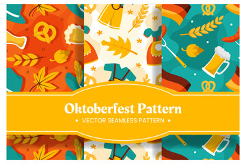 Festive Oktoberfest Seamless Pattern Design with Beer, Sausages and Pretzels Flat Cartoon Illustration