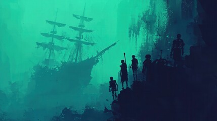 Silhouettes of People Standing on a Cliff Above a Sunken Ship in a Green Ocean
