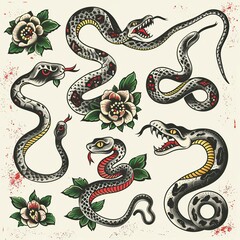 Obraz premium Hand drawn old school tattoo isolated icon of Snake vector image set