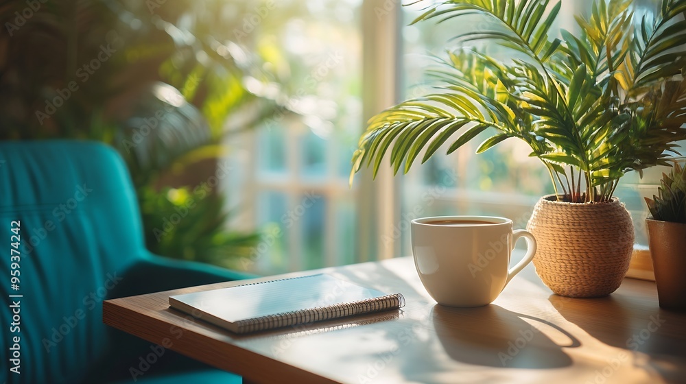 Wall mural aesthetic home office desk table feminine workspace with paper notebook cup of coffee plant chair in