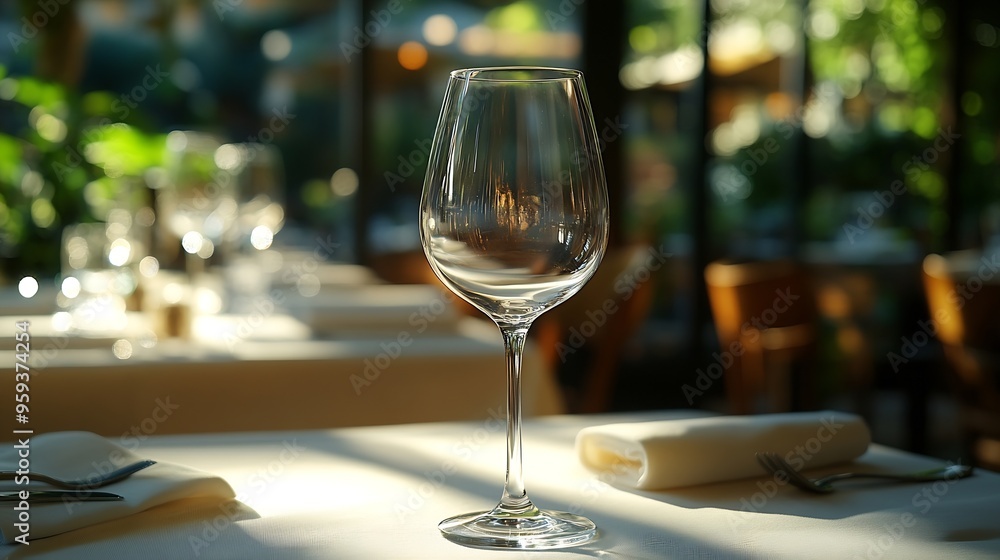 Poster the transparent glass stands on a table against the backdrop of a restaurant cloth napkins elegant s