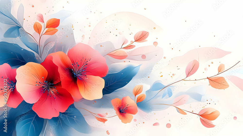 Wall mural Watercolor Painting of Red Flowers, Blue Leaves, and Soft Pink and White Background.