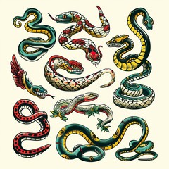 Fototapeta premium Hand drawn old school tattoo isolated icon of Snake vector image set