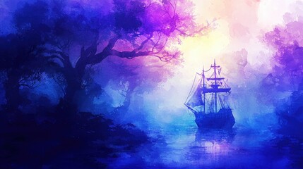Fototapeta premium Watercolor Painting of a Ship Sailing Through a Misty Forest