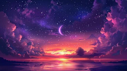 A crescent moon and stars over a pink and purple sunset reflecting on the water