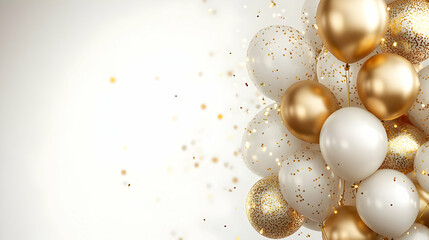 White and gold balloons with confetti on a white background.