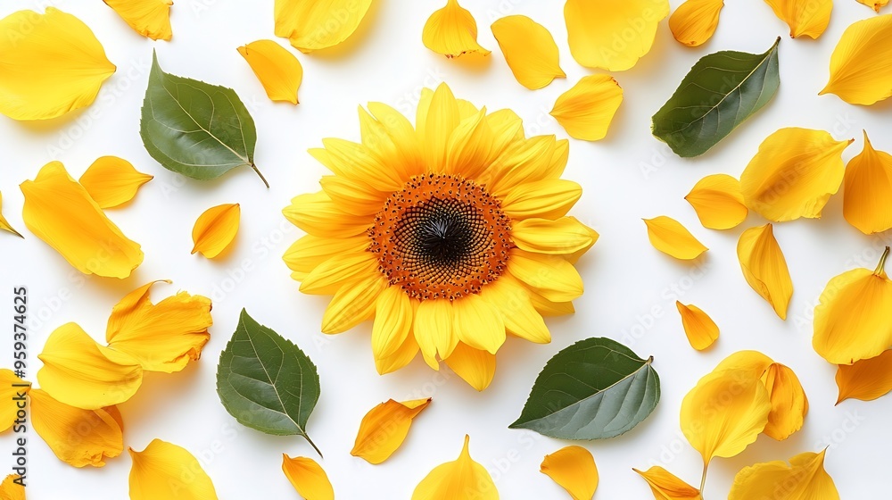 Poster yellow sunflower flower leaf and petals isolated on white background flower in summer garden composi