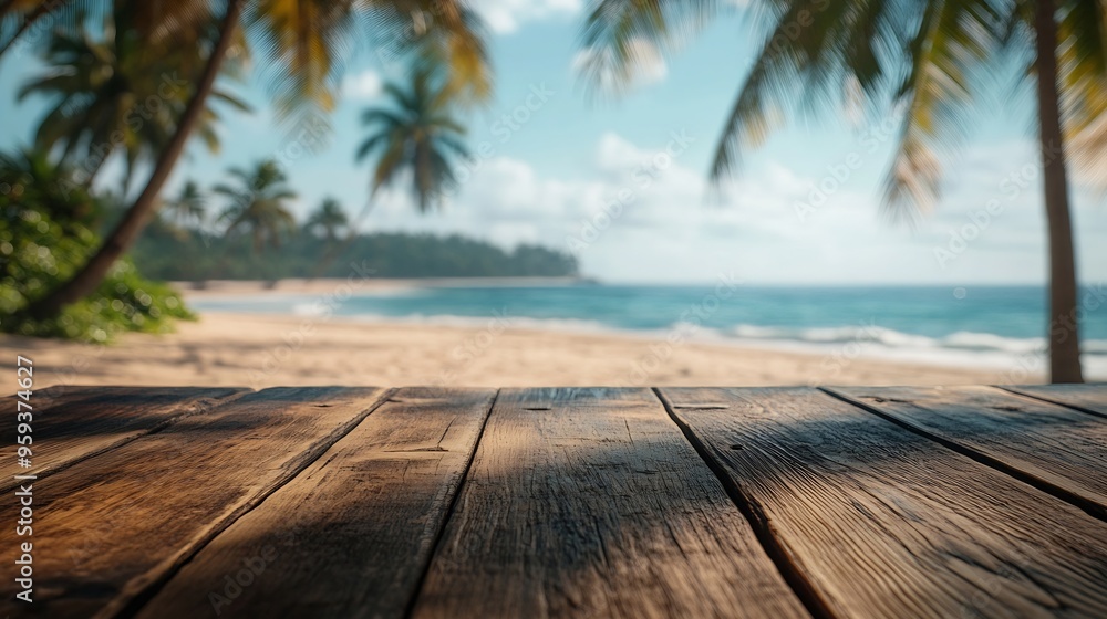 Aufkleber Empty wooden table with blurred beach with coconut trees in the background : Generative AI
