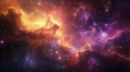 Naklejka premium Cosmic Nebula with Orange and Purple Gas Clouds and Stars