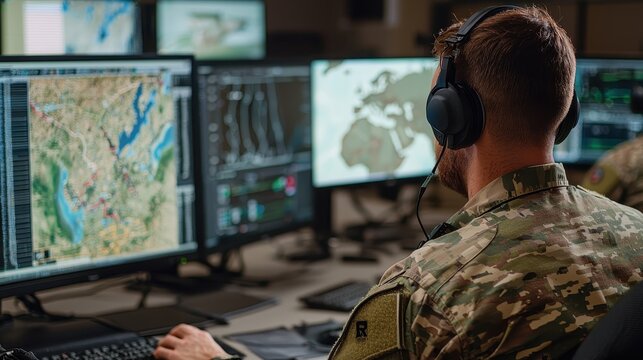 Military Soldier Using Computer with Map on Screen