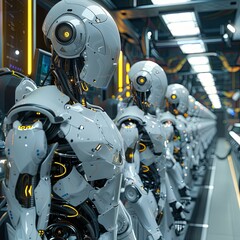 Fototapeta premium A Row of White Humanoid Robots in a Futuristic Setting