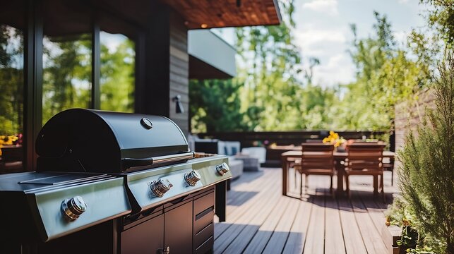 Modern luxury patio with a large grill for summer barbecues in a backyard deck The gas BBQ and stylish furniture provide a perfect setting to cook relax and enjoy the outdoors : Generative AI