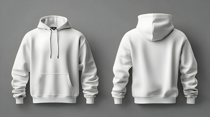 White hoodie with a hood and pocket, front and back view.