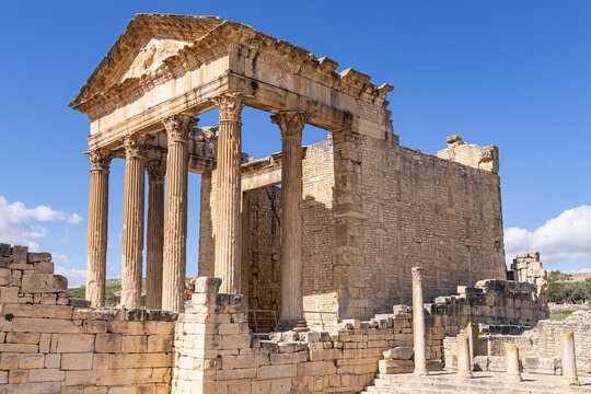 Dougga, Beja, Tunisia. The Capitol Temple at the Roman ruins.