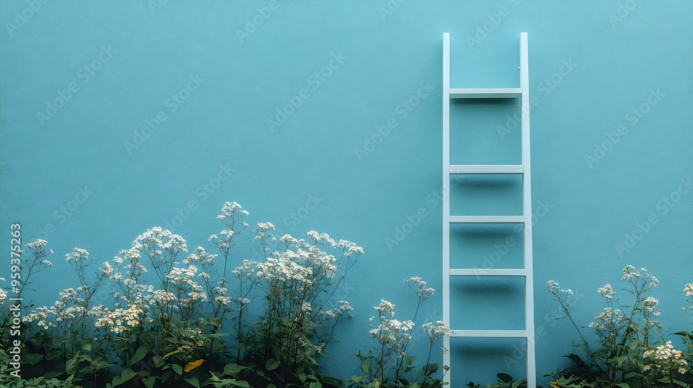 Poster White ladder leaning against a light blue wall with white flowers.