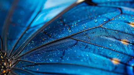 Close-up of a Blue Morpho Butterfly Wing with Water Droplets