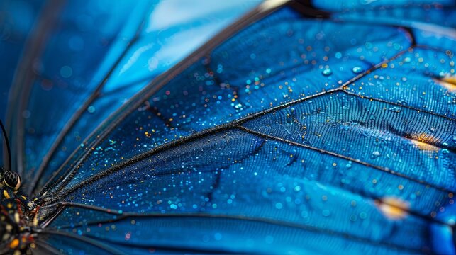 Close-up of a Blue Morpho Butterfly Wing with Water Droplets