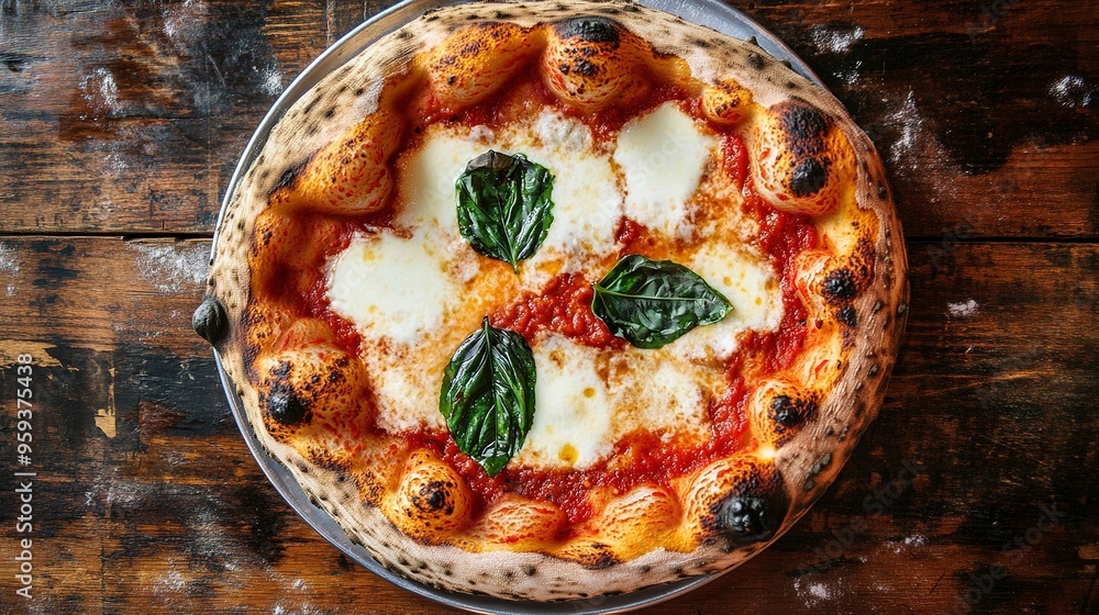 Poster Neapolitan style pizza with cheese, basil and tomato sauce