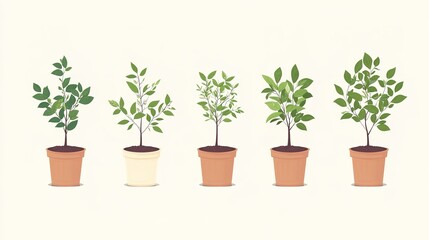 Fototapeta premium reforestation set of young trees trunks in pots, afforestation set of green plants in flowerpots, gardening and botany concept 