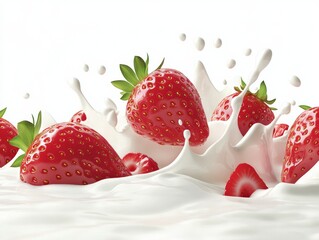 strawberries splashing into milk, white background