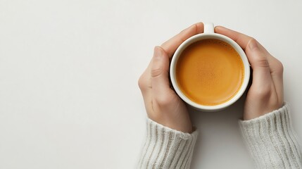 Man hands holding coffee cup on white table : Generative AI