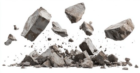 Destroyed concrete rocks flying in the air, against a white background
