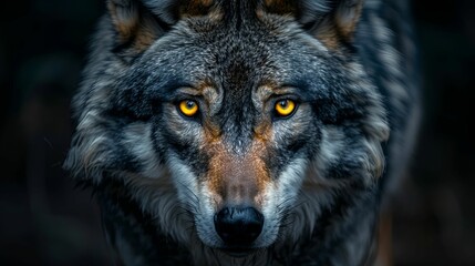 Close-up of a Wolf's Face with Glowing Yellow Eyes
