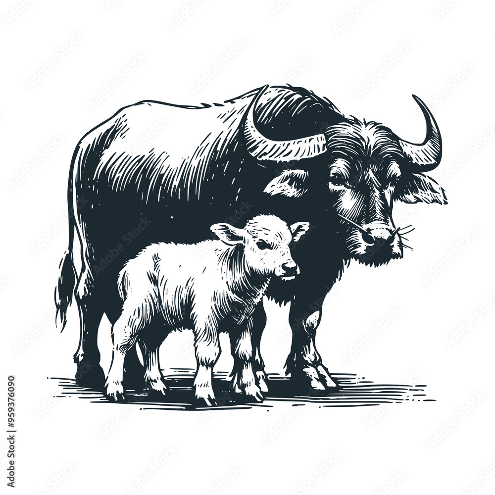 Sticker The bufallo and calves. Black white vector illustration.